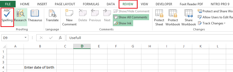 Spell Check in excel